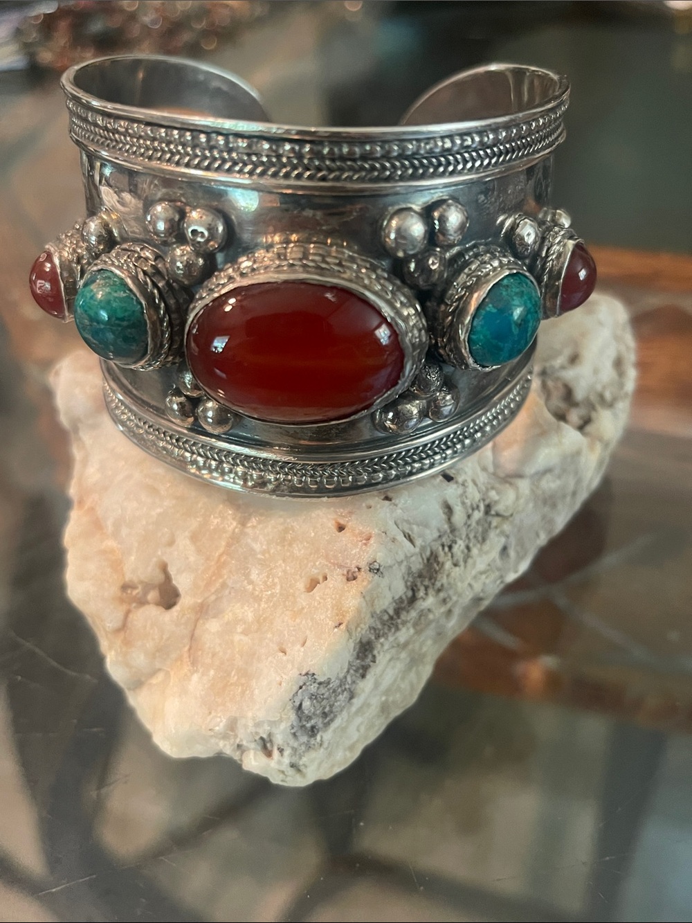Sterling Silver Cuff Bracelet with Red Carnelian and Turquoise Accents
